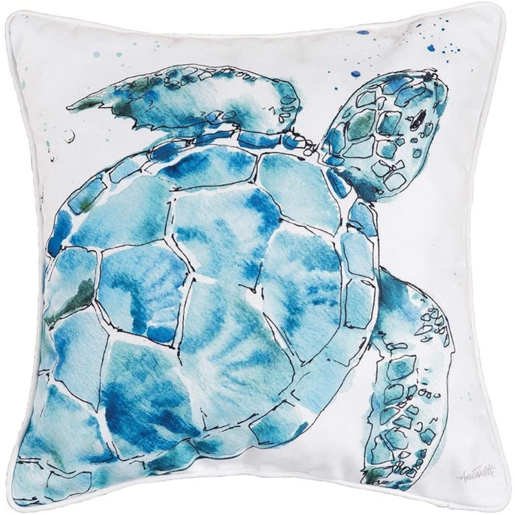 White pillow with a light & dark blue turtle swimming across the front.