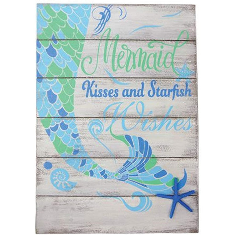 Wood slat sign with a blue & green mermaid tail saying "mermaid kisses & starfish wishes".