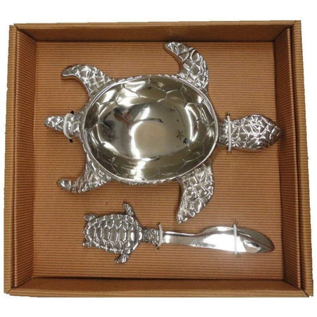 silver metal turtle shaped dip bowl and spreader in a nice box.