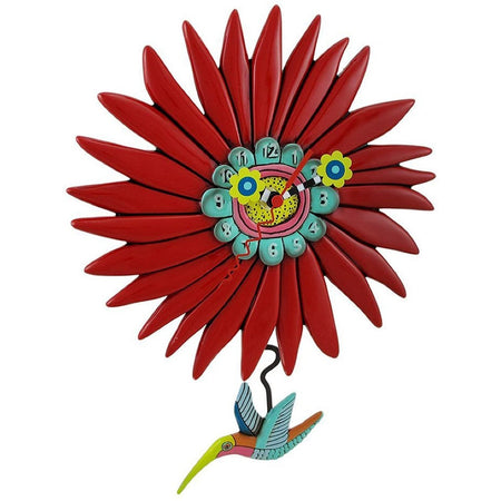 red flower with a multicolored hummingbird pendulum.