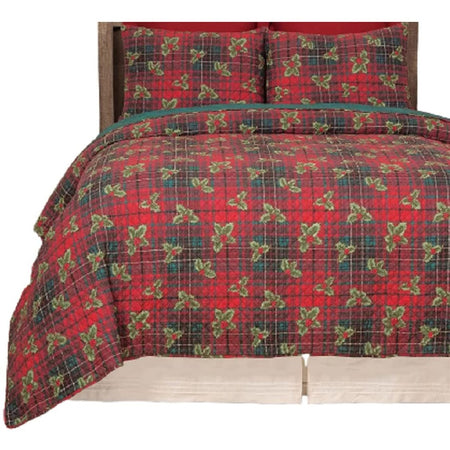 Red & green plaid quilt that features holly.