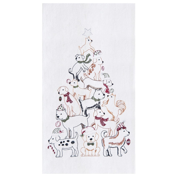 White flour sack towel embroidered with dogs in pyramid like a Christmas tree.