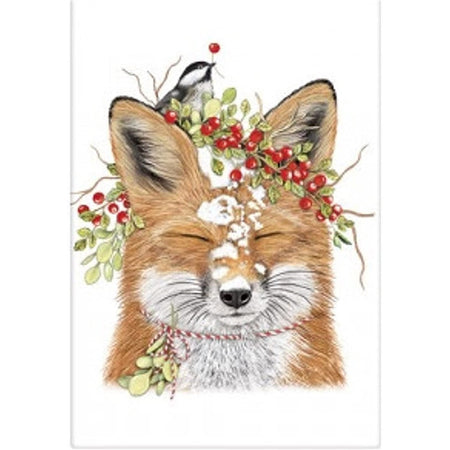 Fox with a chickadee, snow & holly on its head