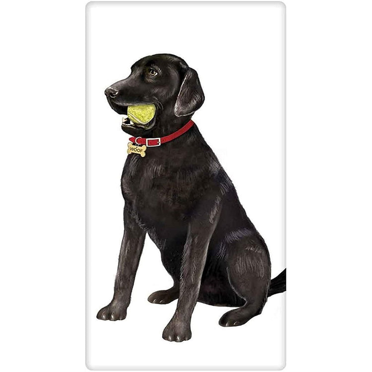Black lab with a red collar & tennis ball in its mouth.