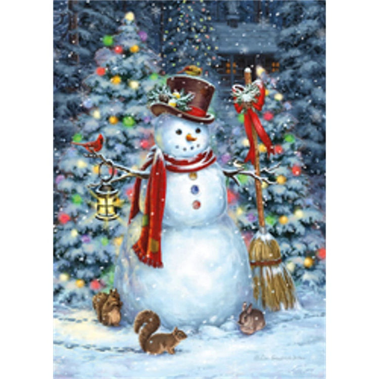 Decorated snowman in a red scarf in front of lighted fir trees. Forest animals are around the bottom.