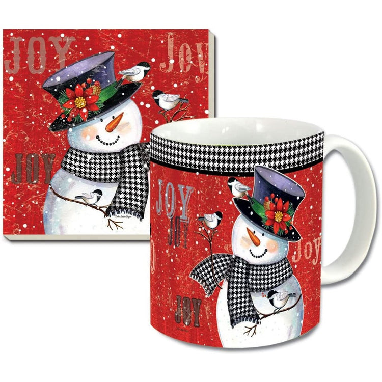 Santa and snowman on mug & snowman on the coaster with a red background.