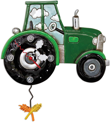 Green tractor clock with a wheat swinging pendulum