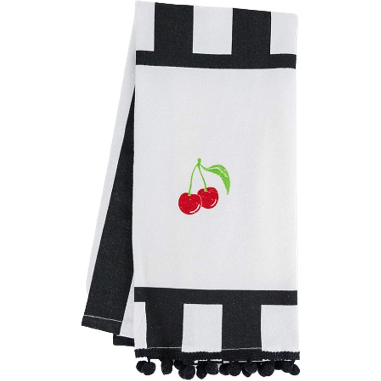 Black and white striped towel with embroidered cherries.