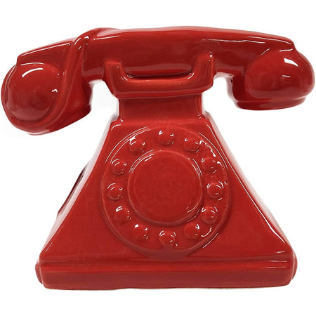 Coin bank shaped like a retro rotary telephone with a glossy red finish,