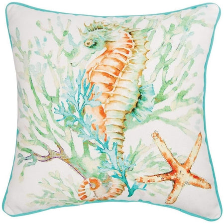 square pillow with light teal piping. the pillow has a seahorse in coral watercolor design.