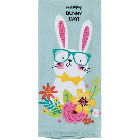 white bunny on teal towel with flowers says "happy bunny day"