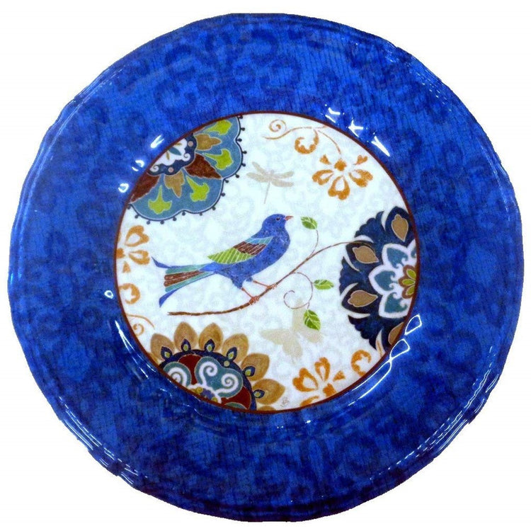 Round plate with blue border, inside shows a blue bird and blue & brown flowery design.