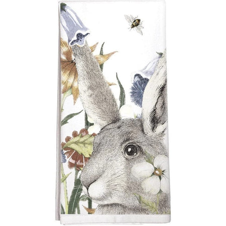Grey hare with multi-colored flowers and a bee. 