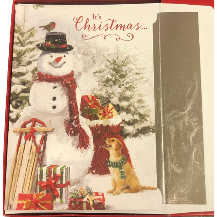 Card with a snowman in a top hat with a sack of gifts & a pup.