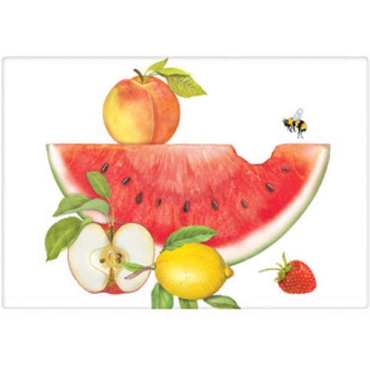 Watermelon Wedge with an apple, peach, strawberry & a bee around the wedge.