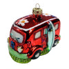 Van shaped Christmas ornament.  Red with glitter accent.  Shows surfboard leaning on van.