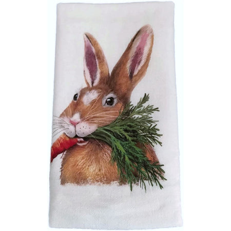 White kitchen towel with a brown rabbit holding a carrot in its mouth.