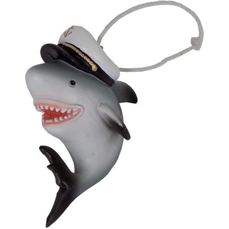 Shark ornament with white rope hanger, shark is smiling and wearing a captains hat.