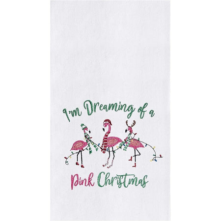 white towel says i'm dreaming of a pink christmas with 3 festive flamingos