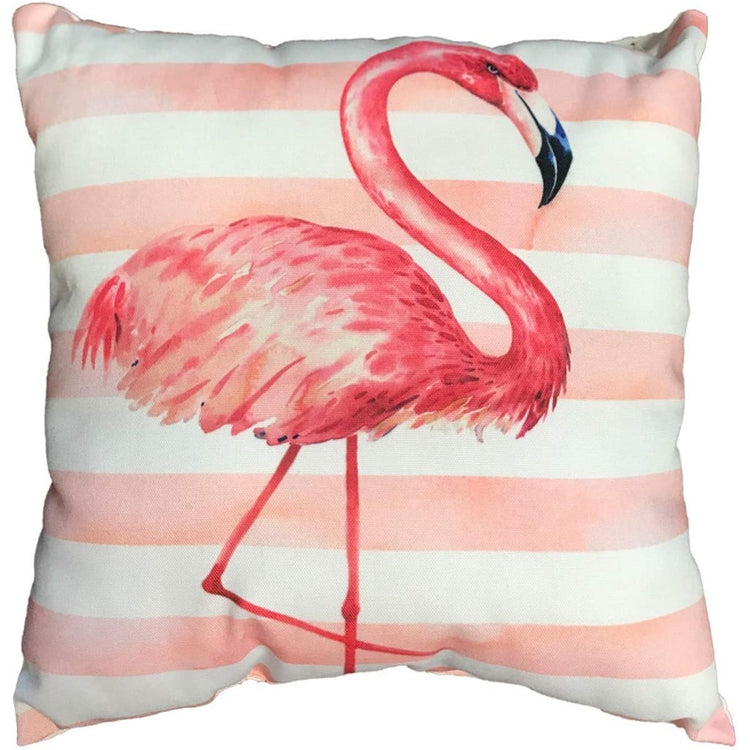 square pillow with pink and white stripes, and a flamingo design.