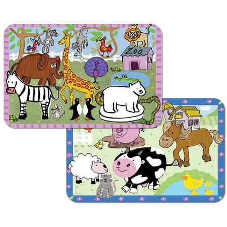 4 Children's Reversible Coloring Washable Plastic Coloring Placemats 2 Kid's Farm and 2 Kid's Zoo