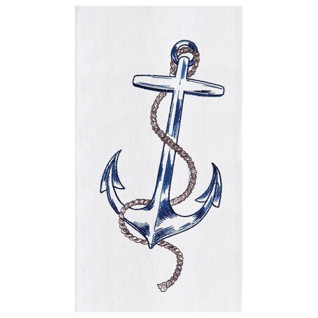 White towel with blue embroidered anchor with rope
