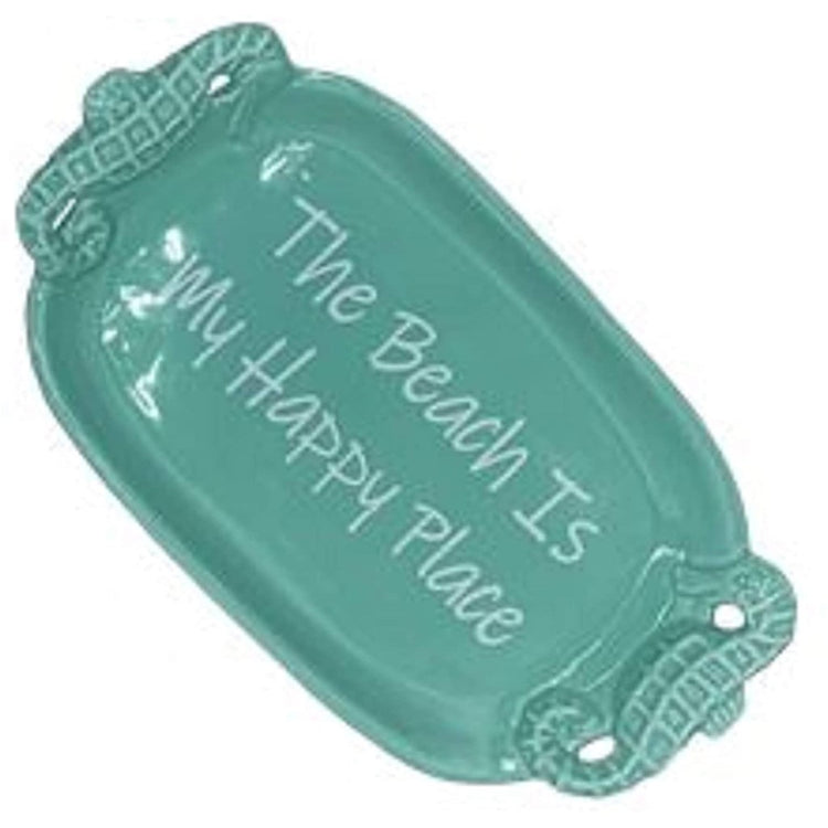 Green tray with seahorse shaped handles that says "The Beach Is My Happy Place".