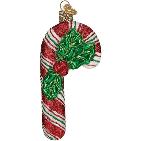 Blown glass ornament with glitter. The Ornament is a red, white and green striped candy cane, with a sprig of holly.