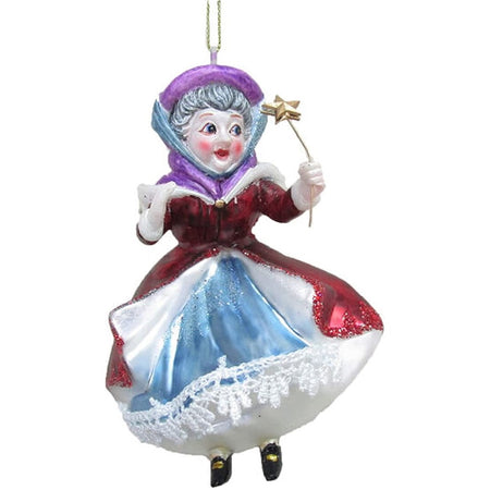 Fairy godmother in a red, purple & blue dress & hat.