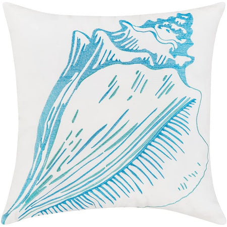 white pillow with a light blue embroidered conch shell
