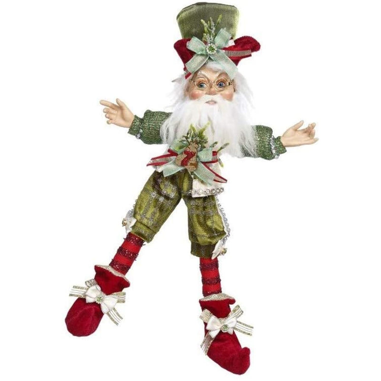 tall bearded elf in a green and red top hat, green shirt and pants, red striped stockings and boots.