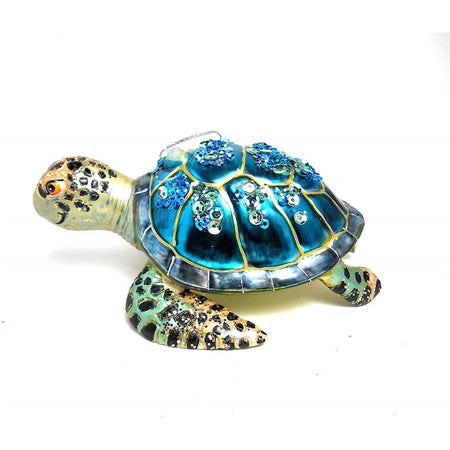 Sea Turtle shaped figurine hanging ornament.  Blue shell with beads and sequins.