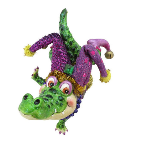 Alligator shaped figurine ornament.  Dancing with Mardi Gras hat.