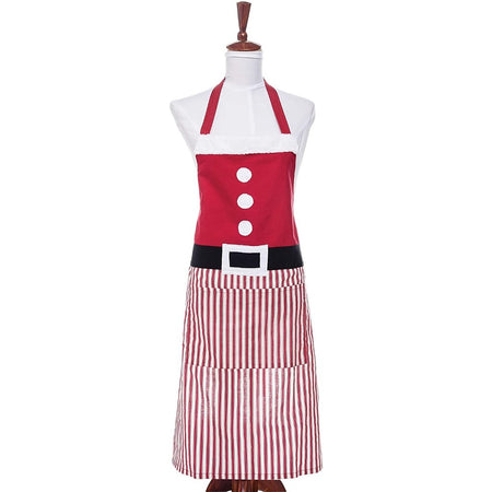 Red and white striped apron with white trim and buttons on top, and black belt design.