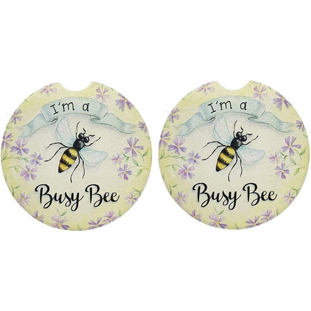 two car coasters, with a bee and purple flowers with the saying "I'm a busy bee."