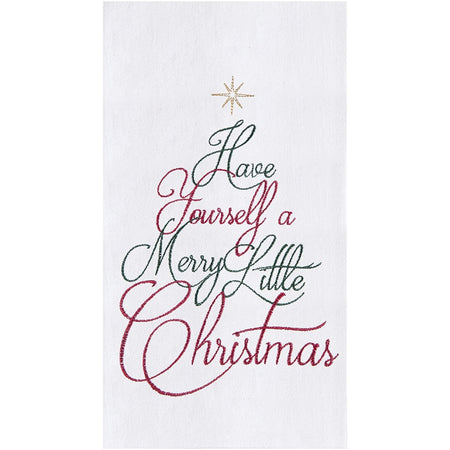 White towel with Red & green embroidery saying "have yourself a merry little christmas"