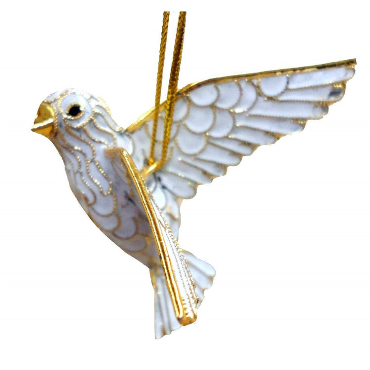 White dove shaped hanging Christmas ornament with gold accent.
