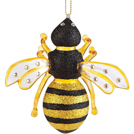 Glass bee ornament with black & gold glitter with rhinestone eyes & wing accents.