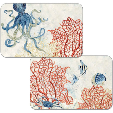 Blue octopus & coral on  side, blue fish & crab on the other side.