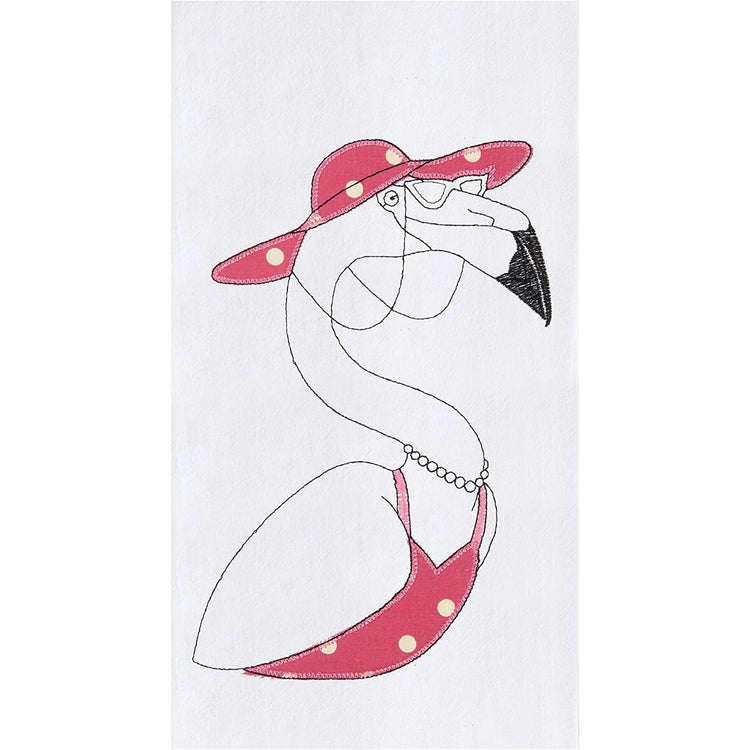White towel with flamingo wearing a top, hat, pearls & glasses.
