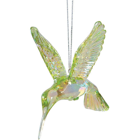 Iridescent green acrylic flying hummingbird ornament.