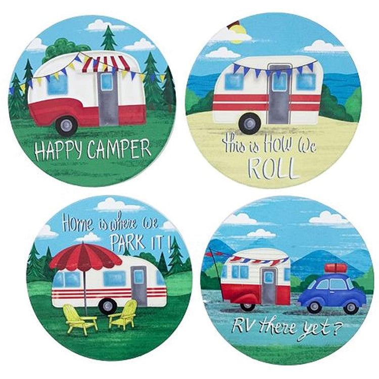 4 different RV decorated coasters.