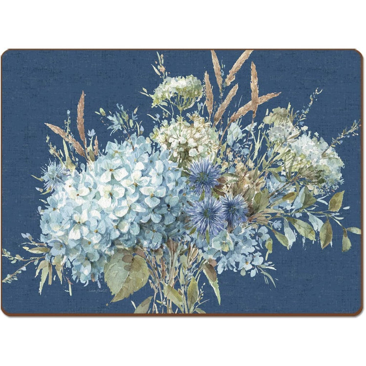 Blue background with a bouquet of mixed wildflowers.