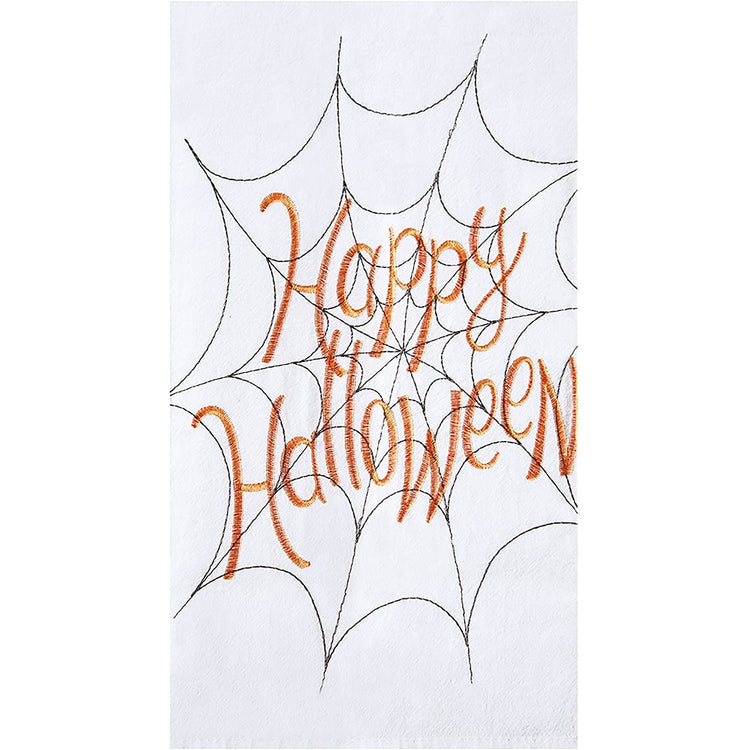 White towel covered with black outlined spider wed. Orange letters in web show text "Happy Halloween"