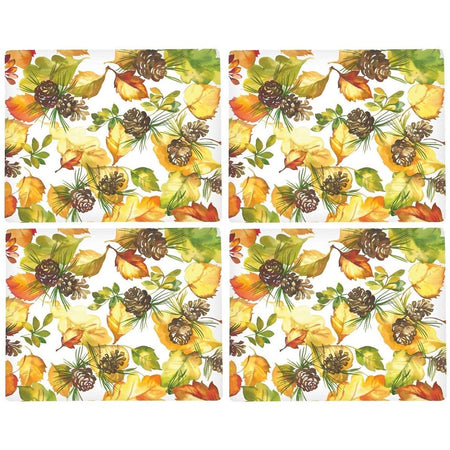 4 rectangular placemats with orange, yellow, green leaves and pinecones.