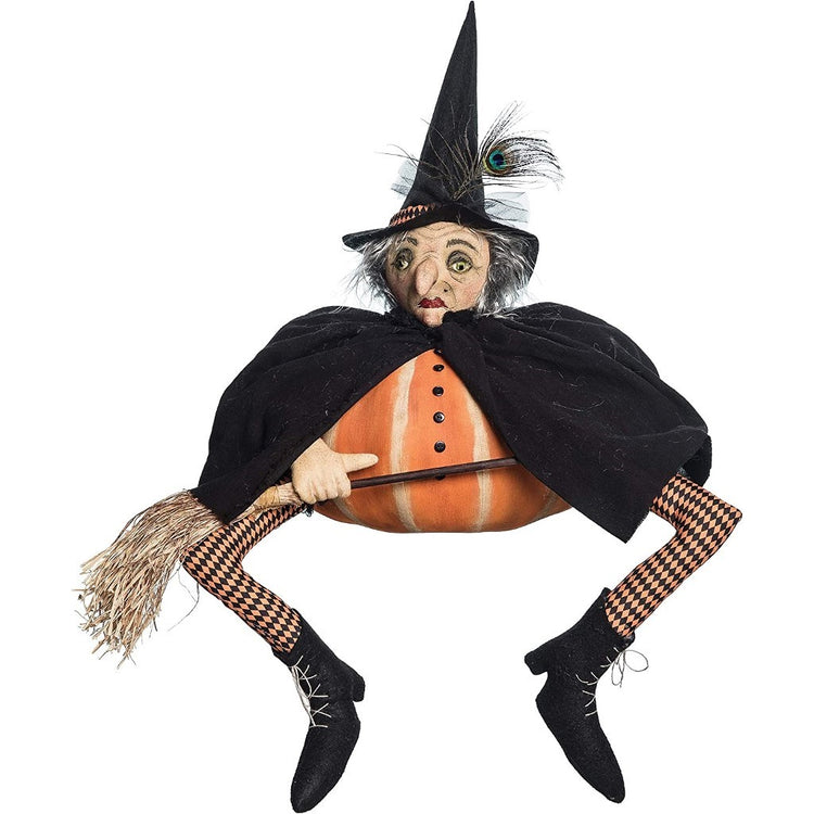 Witch with a pumpkin body, cape, hat & broom.