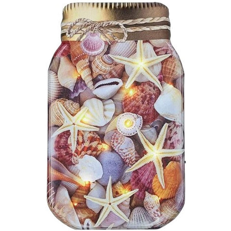 Jar shaped canvas with LED lights, looks like the jar is full of shells.