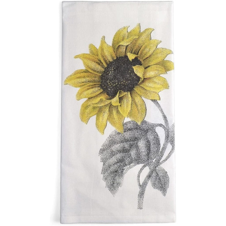White flour sack kitchen towel imprinted with a sunflower.