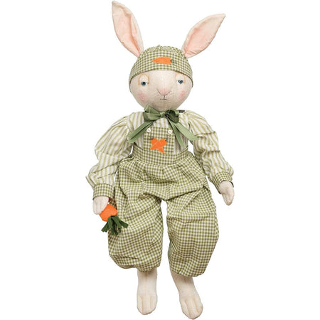 White bunny with a green & white plaid overalls & hat.