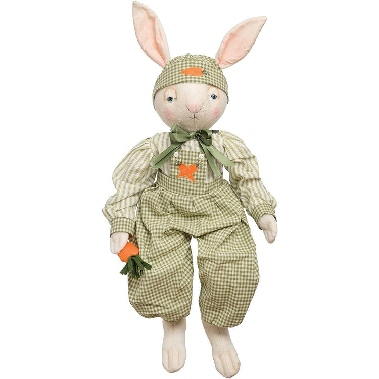 White bunny with a green & white plaid overalls & hat.